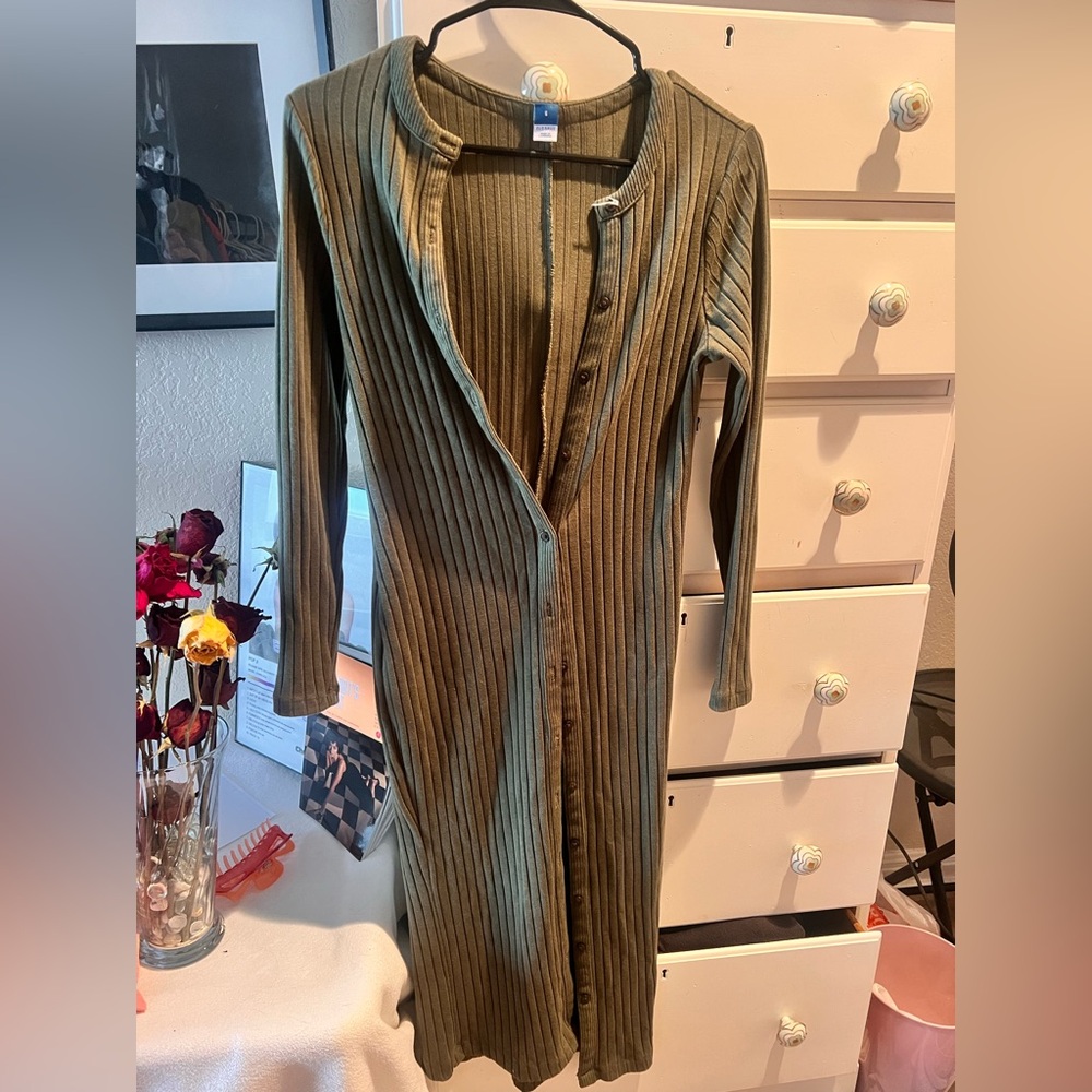 Ribbed Button-Front Long Sleeve cardigan/dress in Olive Green